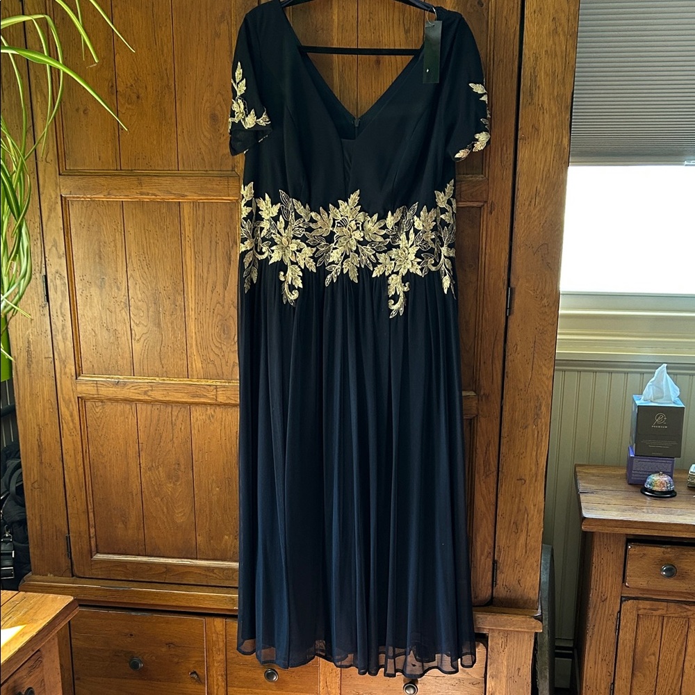 Betsy and Adam Navy Tea Length Evening Dress with Gold Floral Embroidery